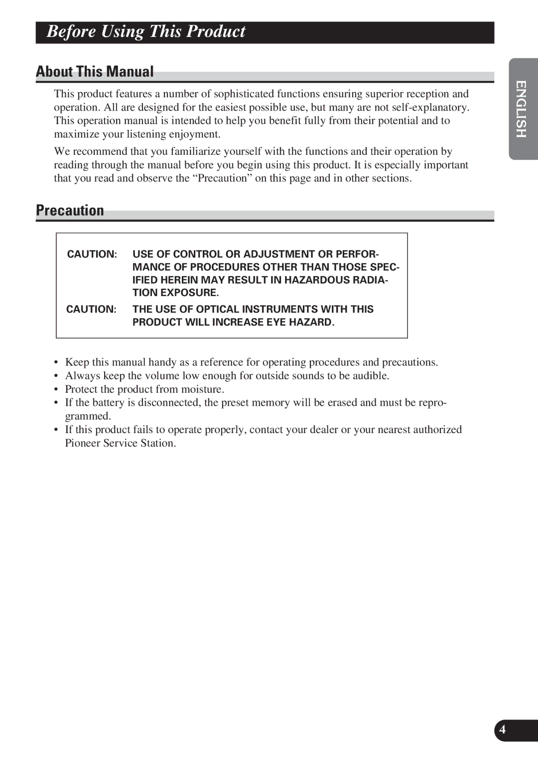 Pioneer DEH-P3150 operation manual Before Using This Product, About This Manual, Precaution 