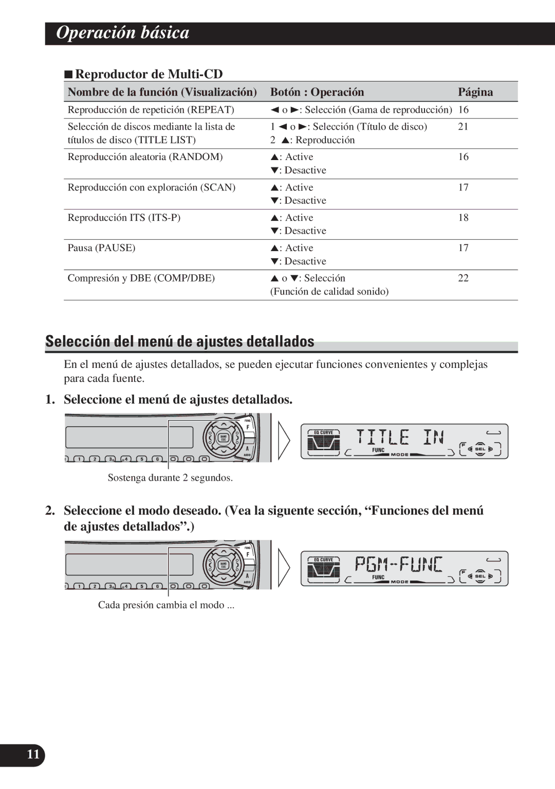 Pioneer DEH-P3150 operation manual Selección del menú de ajustes detallados, 7Reproductor de Multi-CD 