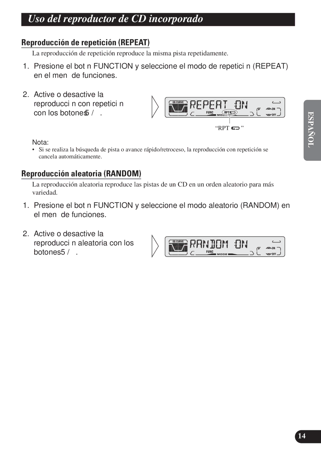 Pioneer DEH-P3150 Uso del reproductor de CD incorporado, Reproducción de repetición Repeat, Reproducción aleatoria Random 