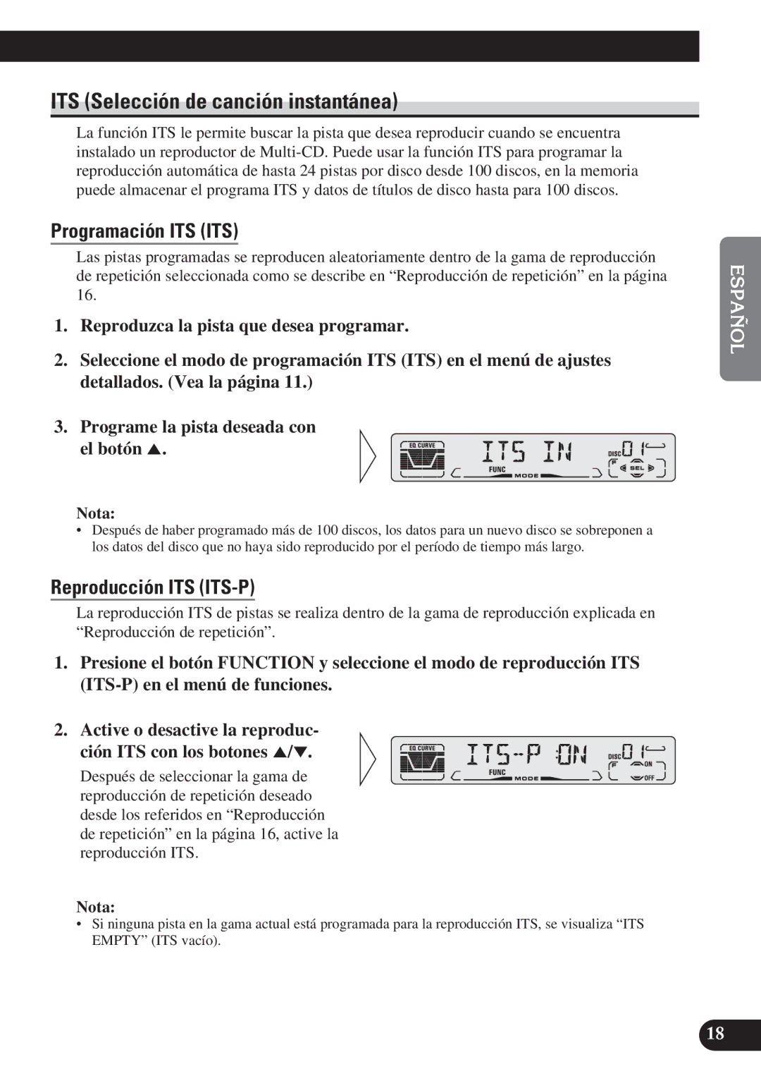 Pioneer DEH-P3150 operation manual ITS Selección de canción instantánea, Programación ITS ITS, Reproducción ITS ITS-P 