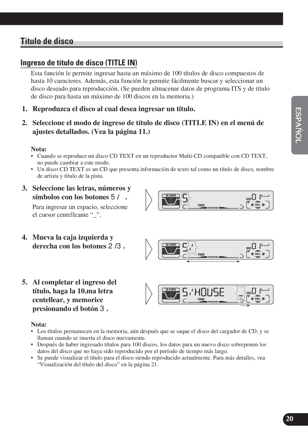 Pioneer DEH-P3150 operation manual Título de disco, Seleccione las letras, números y Símbolos con los botones 