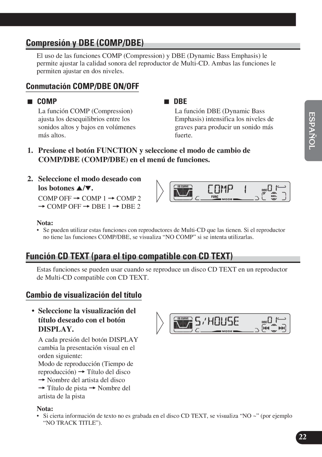 Pioneer DEH-P3150 operation manual Compresión y DBE COMP/DBE, Función CD Text para el tipo compatible con CD Text 