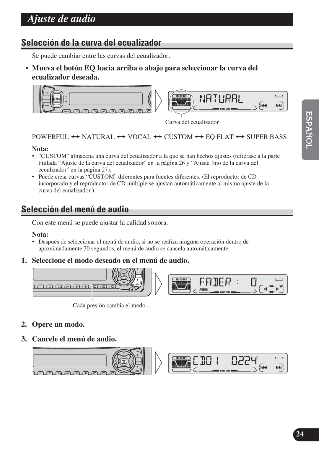 Pioneer DEH-P3150 operation manual Ajuste de audio, Selección de la curva del ecualizador, Selección del menú de audio 