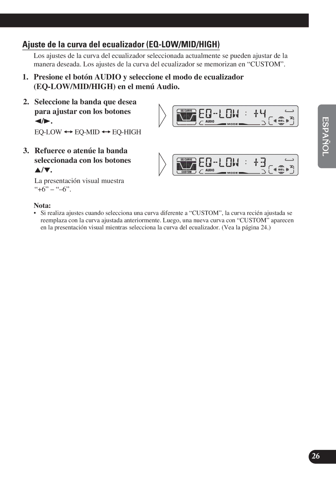 Pioneer DEH-P3150 operation manual Ajuste de la curva del ecualizador EQ-LOW/MID/HIGH 