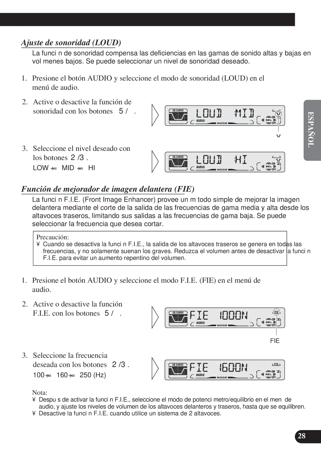 Pioneer DEH-P3150 operation manual Ajuste de sonoridad Loud, Función de mejorador de imagen delantera FIE, Precaución 