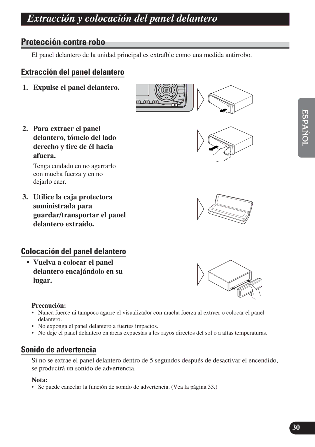 Pioneer DEH-P3150 Extracción y colocación del panel delanter o, Protección contra robo, Extracción del panel delantero 