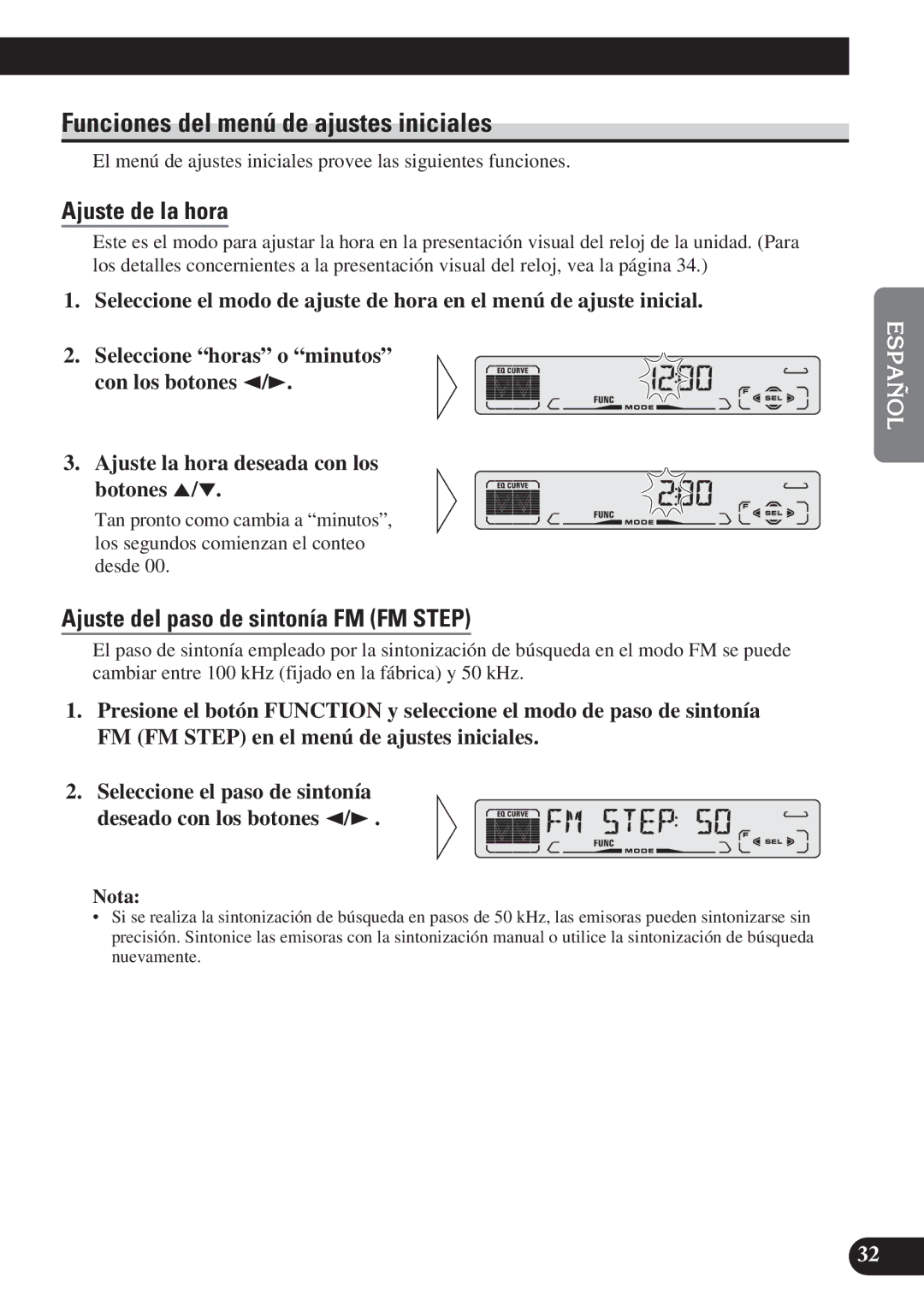 Pioneer DEH-P3150 Funciones del menú de ajustes iniciales, Ajuste de la hora, Ajuste del paso de sintonía FM FM Step 