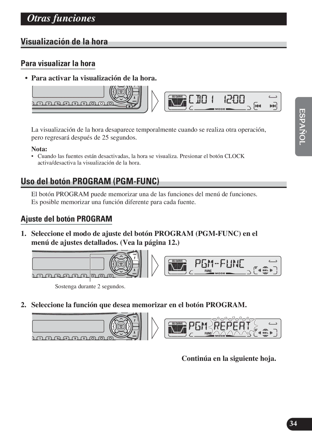 Pioneer DEH-P3150 Otras funciones, Visualización de la hora, Uso del botón Program PGM-FUNC, Para visualizar la hora 