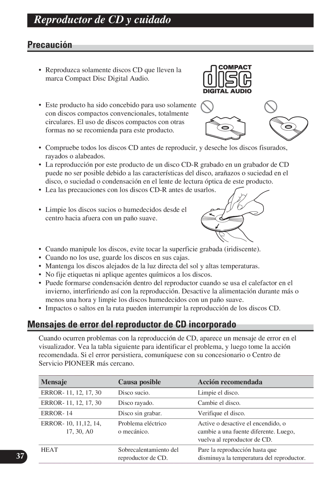 Pioneer DEH-P3150 operation manual Reproductor de CD y cuidado, Mensajes de error del reproductor de CD incorporado 