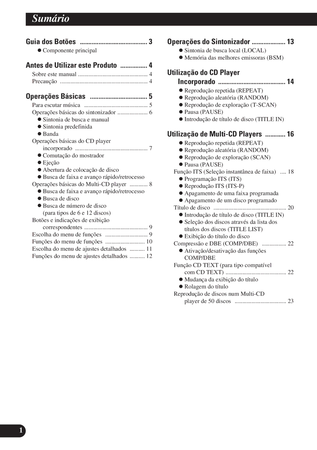 Pioneer DEH-P3150 operation manual Sumário, Utilização do CD Player 