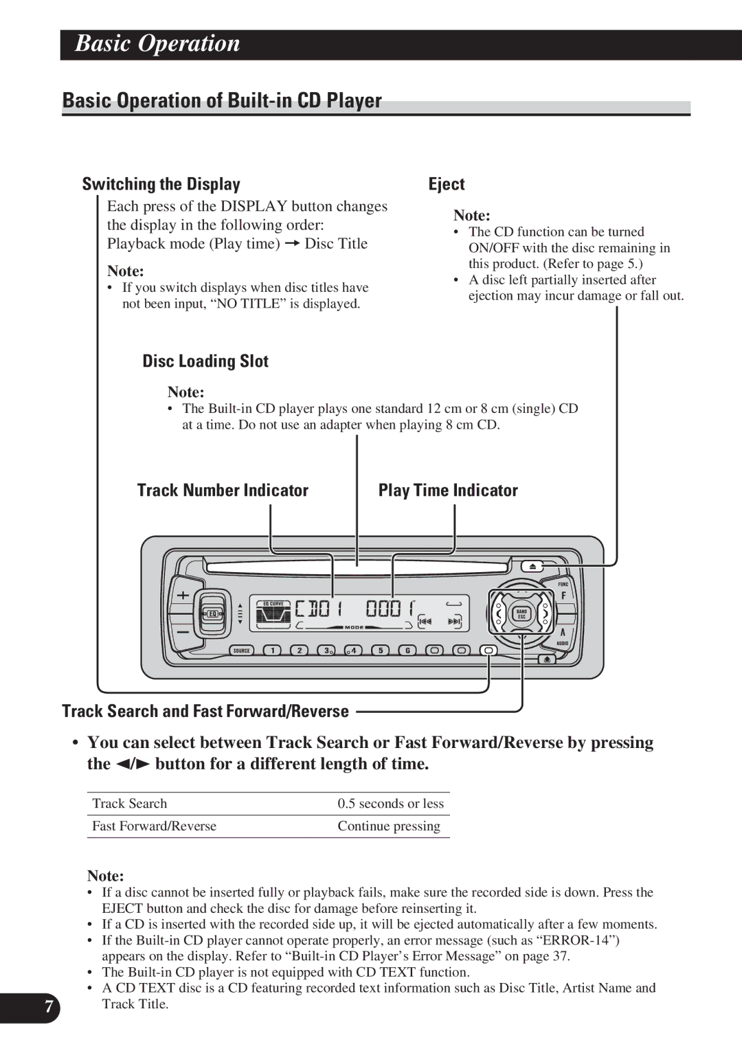 Pioneer DEH-P3150 operation manual Basic Operation of Built-in CD Player, Switching the Display, Eject, Disc Loading Slot 