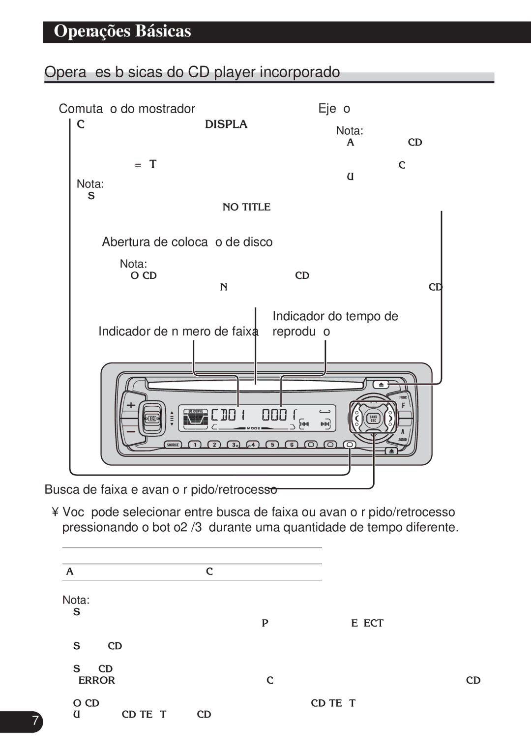 Pioneer DEH-P3150 operation manual Operações básicas do CD player incorporado, Comutação do mostrador, Ejeção 