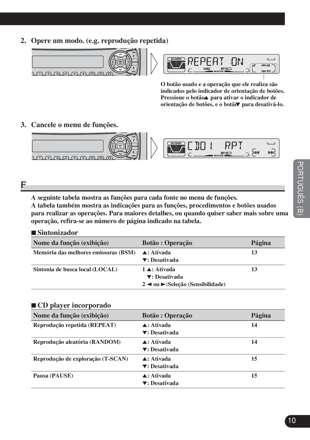 Pioneer DEH-P3150 Funções do menu de funções, Opere um modo. e.g. reprodução repetida, Cancele o menu de funções 