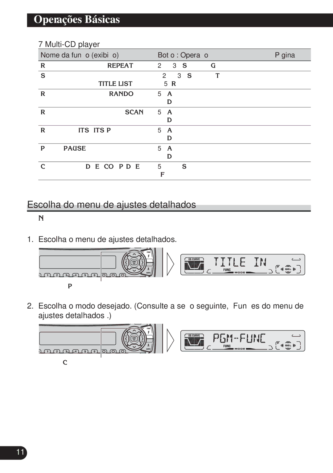 Pioneer DEH-P3150 operation manual Escolha do menu de ajustes detalhados, Escolha o menu de ajustes detalhados 