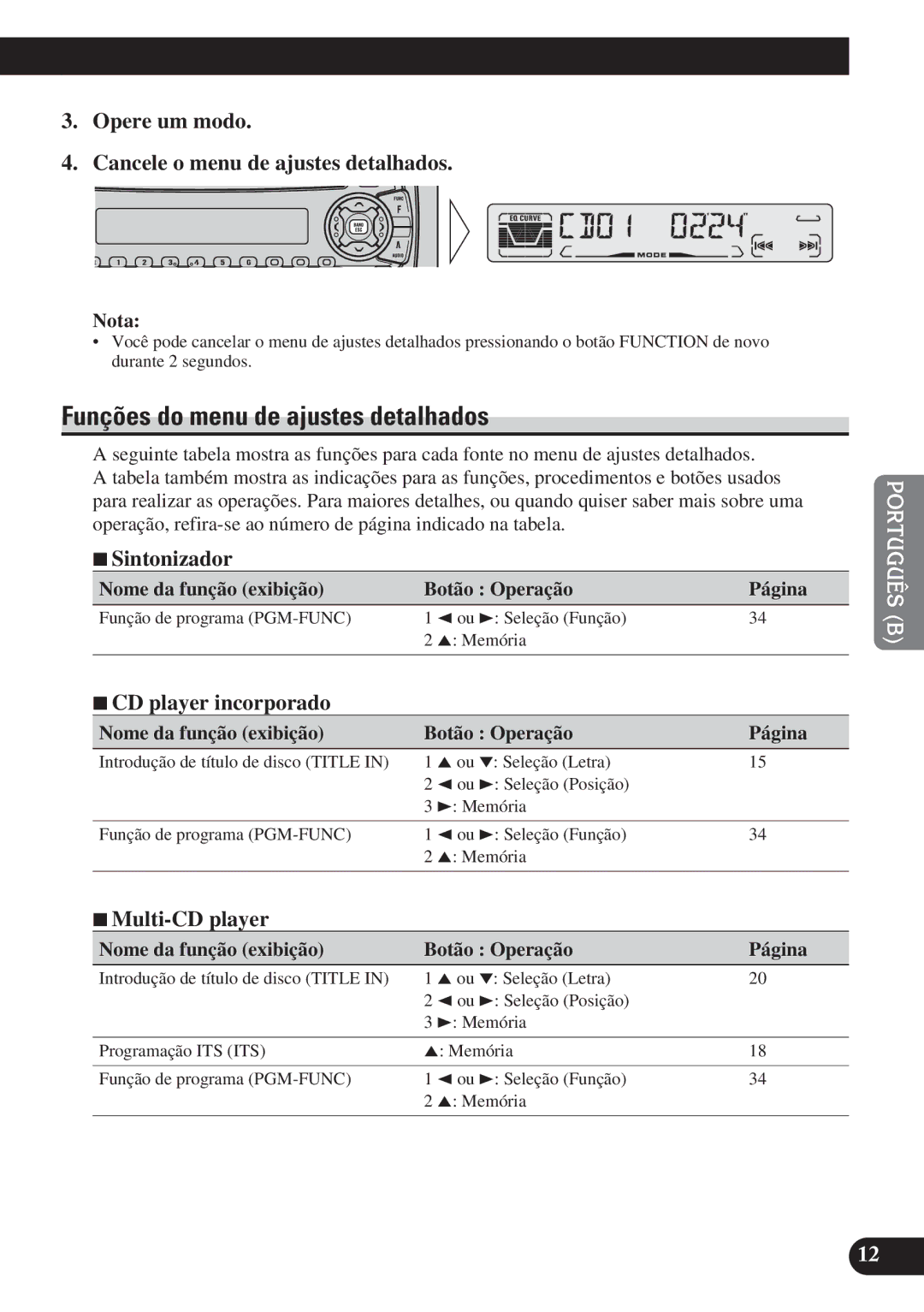 Pioneer DEH-P3150 Funções do menu de ajustes detalhados, Opere um modo Cancele o menu de ajustes detalhados 