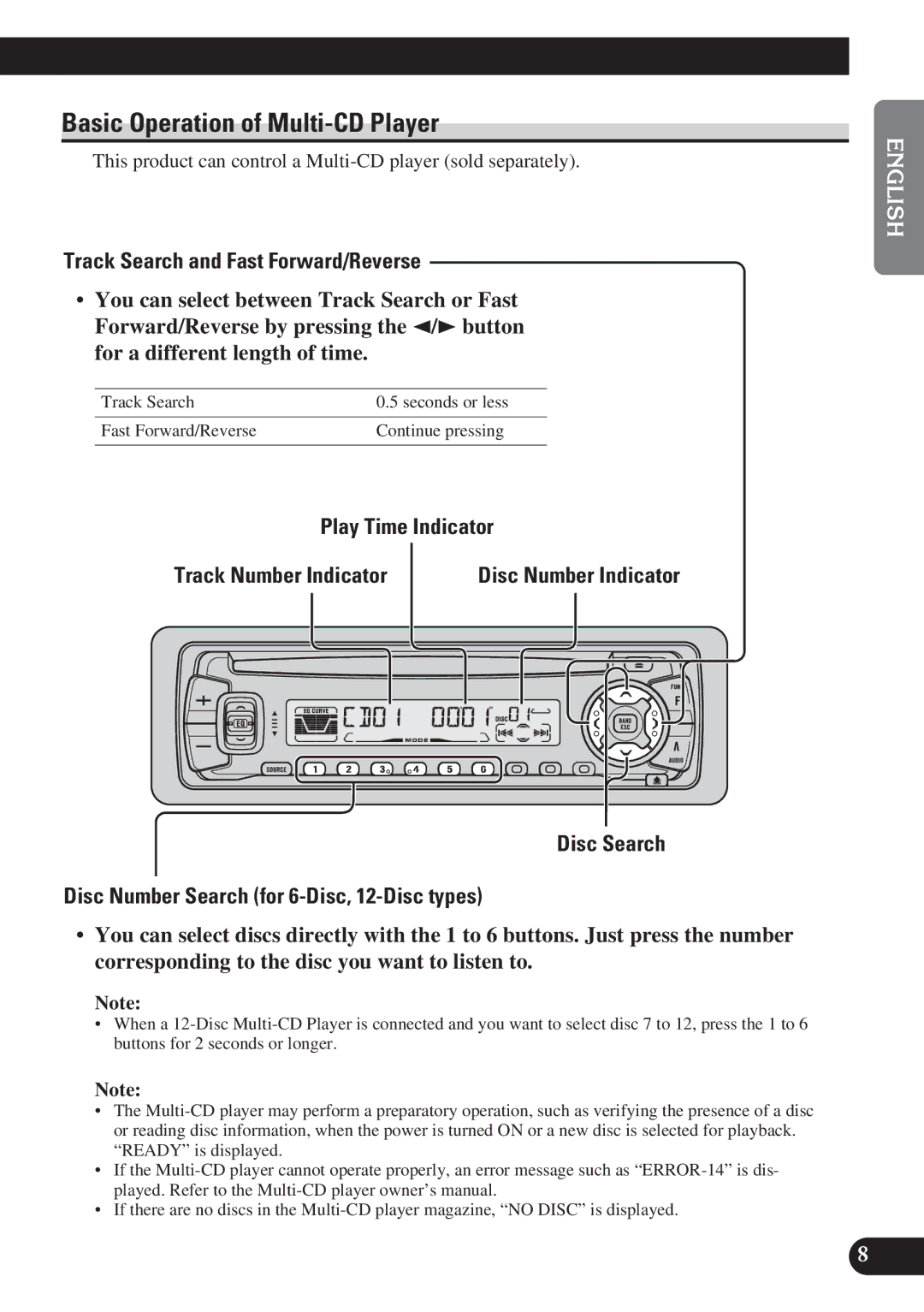 Pioneer DEH-P3150 Basic Operation of Multi-CD Player, Disc Search Disc Number Search for 6-Disc, 12-Disc types 