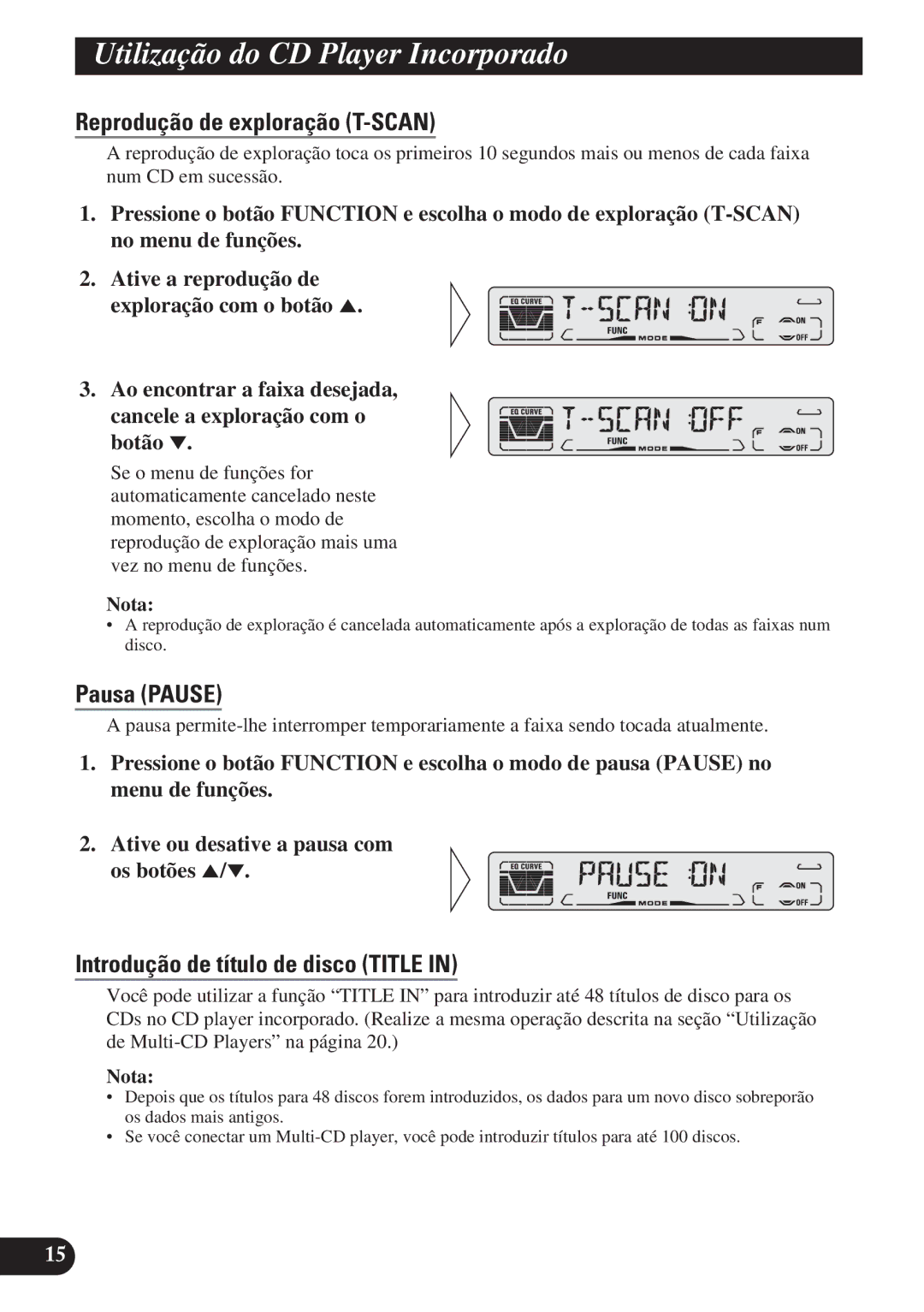 Pioneer DEH-P3150 operation manual Reprodução de exploração T-SCAN, Introdução de título de disco Title 