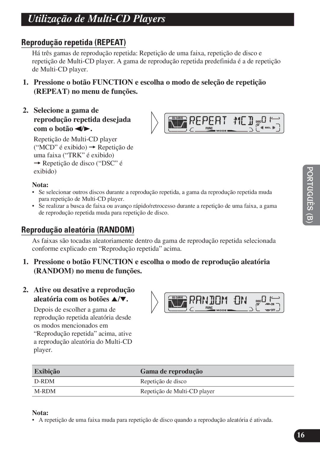 Pioneer DEH-P3150 operation manual Utilização de Multi-CD Pla yers, Exibição Gama de reprodução 