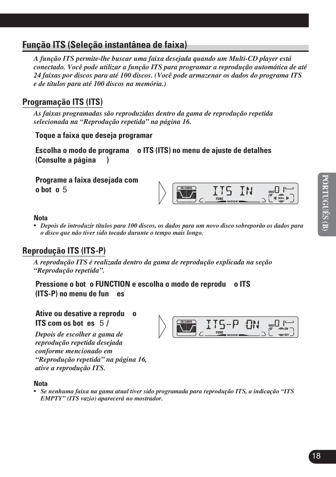 Pioneer DEH-P3150 operation manual Função ITS Seleção instantânea de faixa, Programação ITS ITS, Reprodução ITS ITS-P 