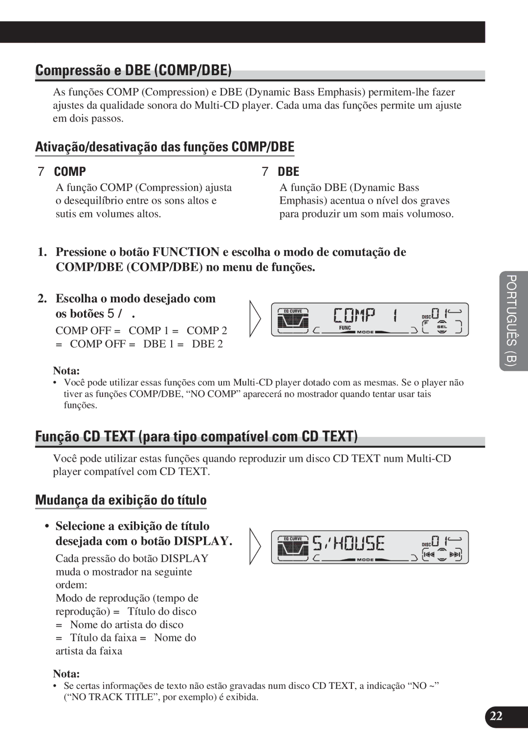 Pioneer DEH-P3150 operation manual Compressão e DBE COMP/DBE, Função CD Text para tipo compatível com CD Text 