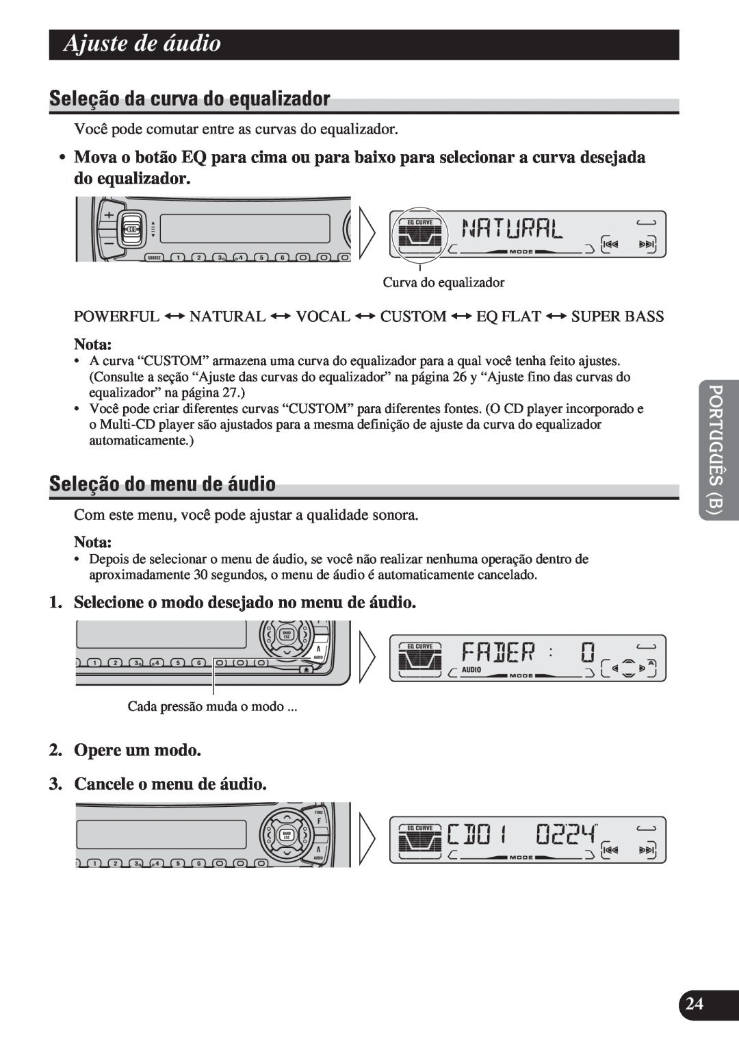 Pioneer DEH-P3150 operation manual Ajuste de áudio, Seleção da curva do equalizador, Seleção do menu de áudio, Nota 