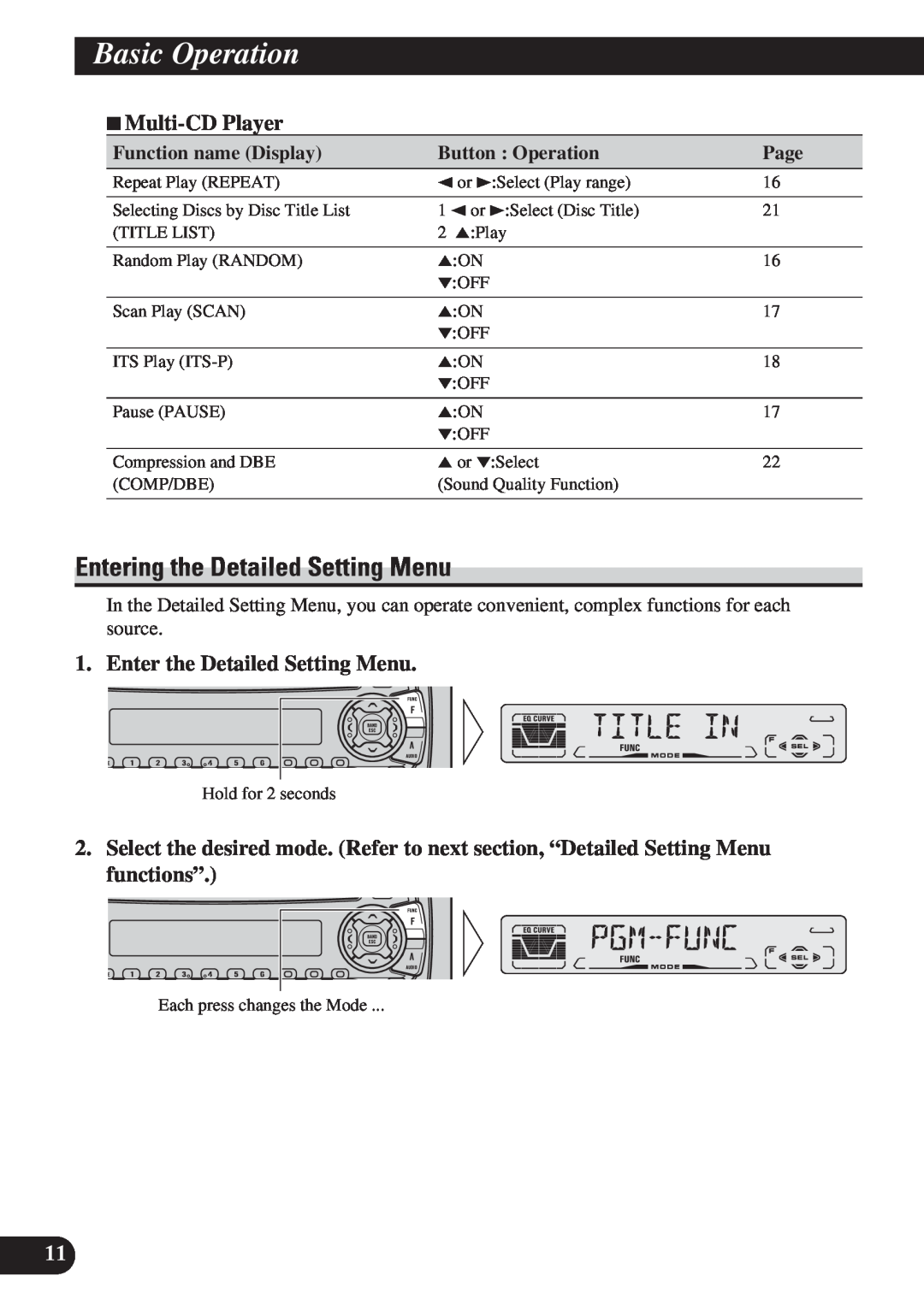 Pioneer DEH-P3150 Entering the Detailed Setting Menu, 7Multi-CDPlayer, Enter the Detailed Setting Menu, Basic Operation 