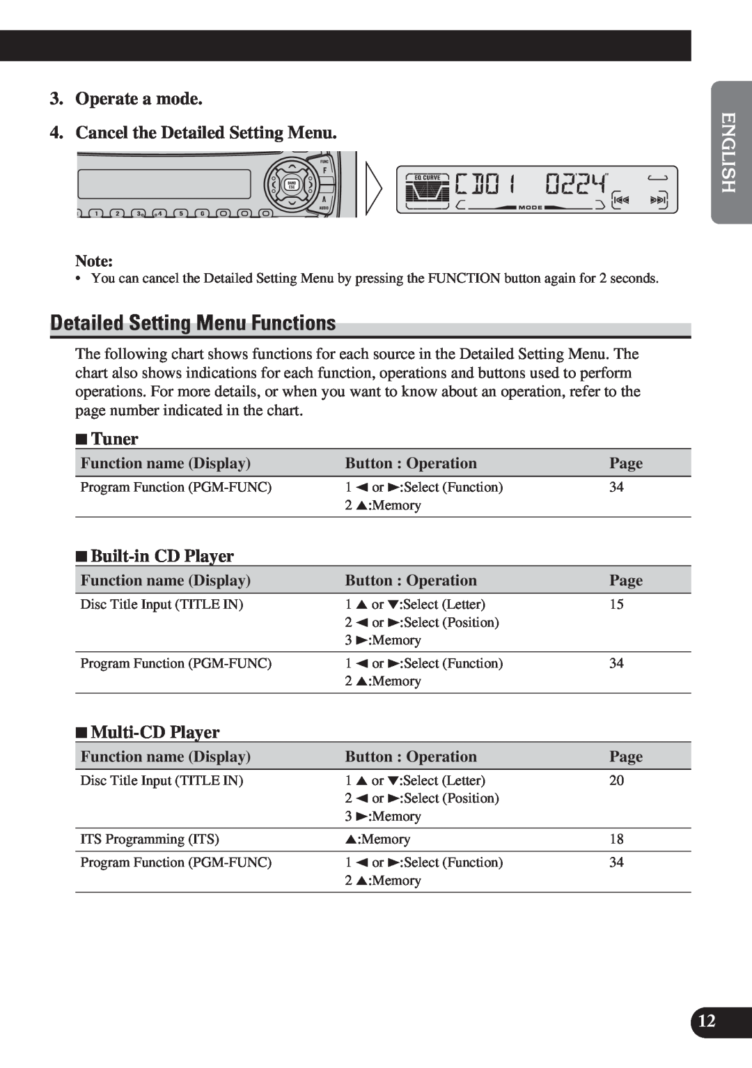 Pioneer DEH-P3150 Detailed Setting Menu Functions, Operate a mode, Cancel the Detailed Setting Menu, 7Tuner, Page 