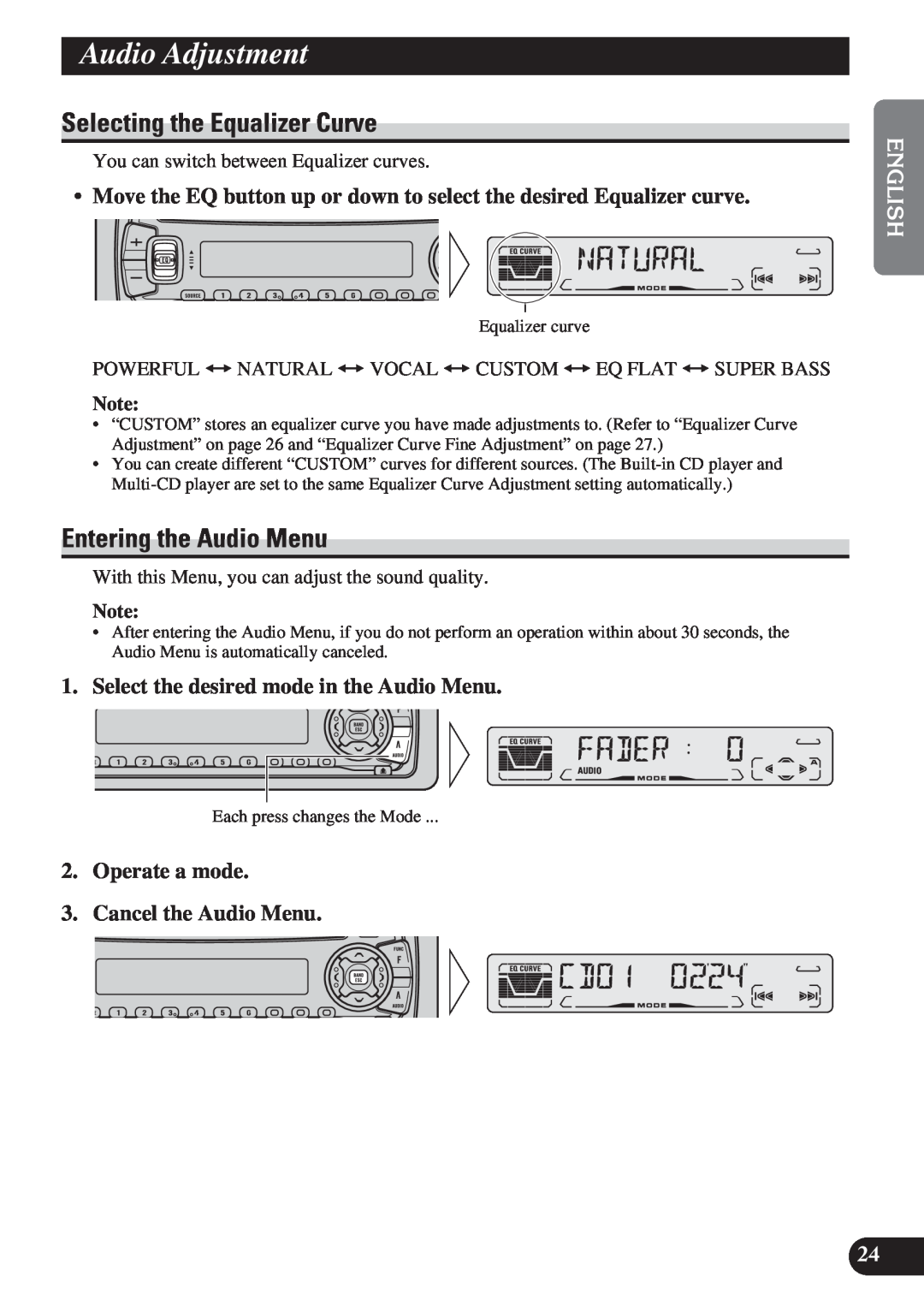 Pioneer DEH-P3150 operation manual Audio Adjustment, Selecting the Equalizer Curve, Entering the Audio Menu 