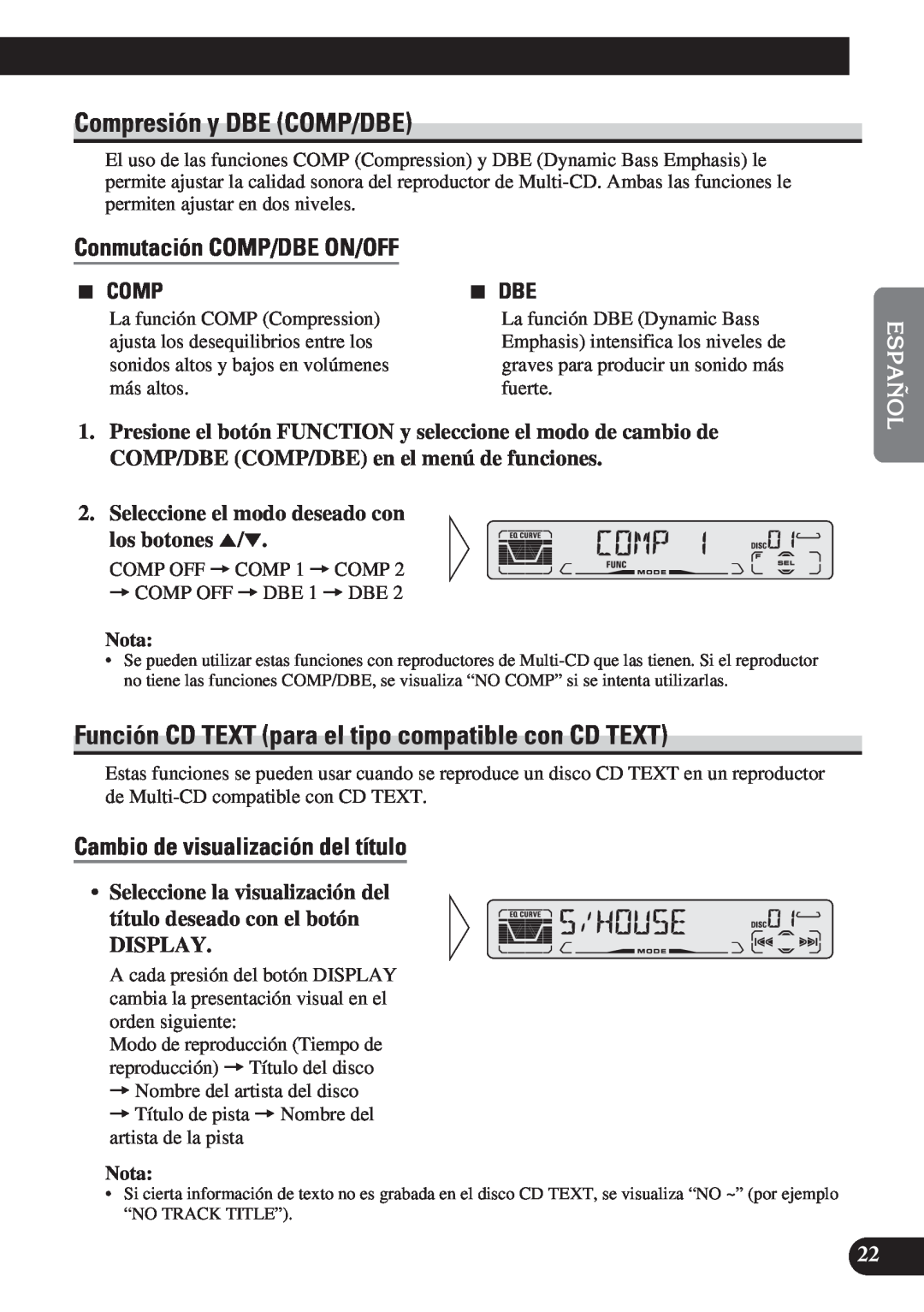 Pioneer DEH-P3150 Compresión y DBE COMP/DBE, Conmutación COMP/DBE ON/OFF, Cambio de visualización del título, Display 