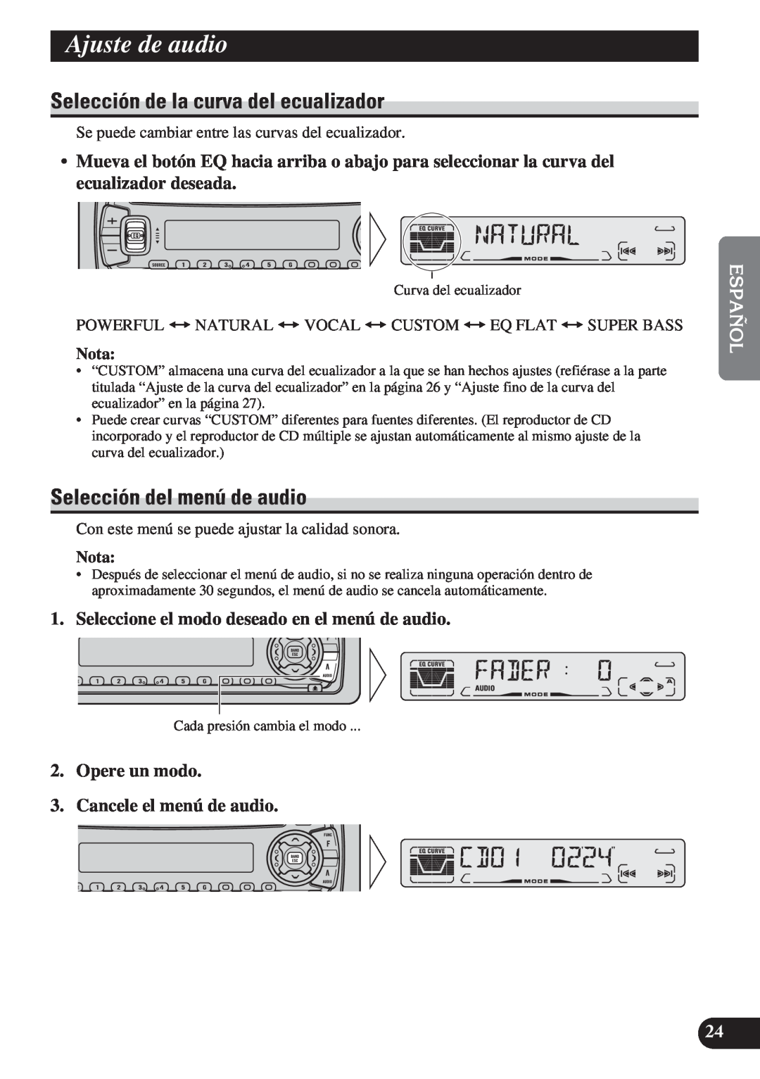 Pioneer DEH-P3150 Ajuste de audio, Selección de la curva del ecualizador, Selección del menú de audio, Nota 