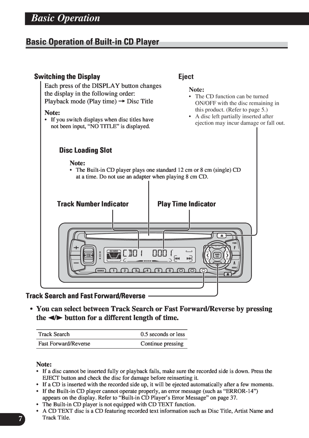 Pioneer DEH-P3150 operation manual Basic Operation of Built-inCD Player, Switching the Display, Eject, Disc Loading Slot 