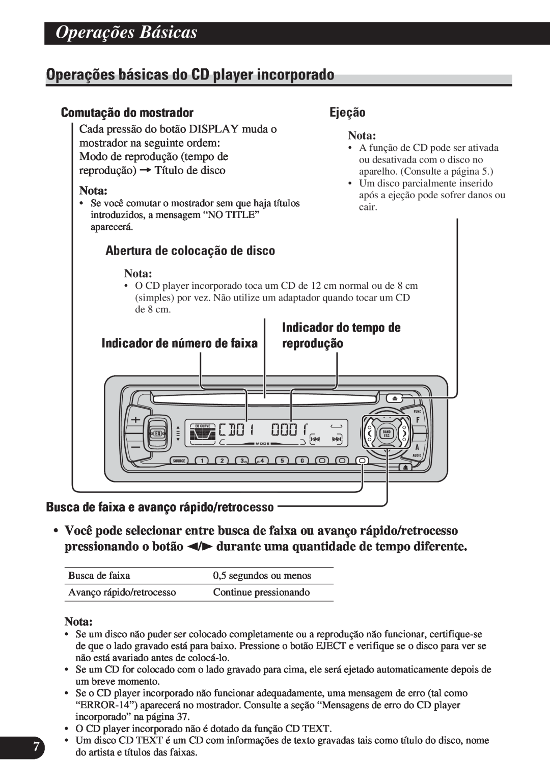 Pioneer DEH-P3150 Operações básicas do CD player incorporado, Comutação do mostrador, Ejeção, Indicador de número de faixa 