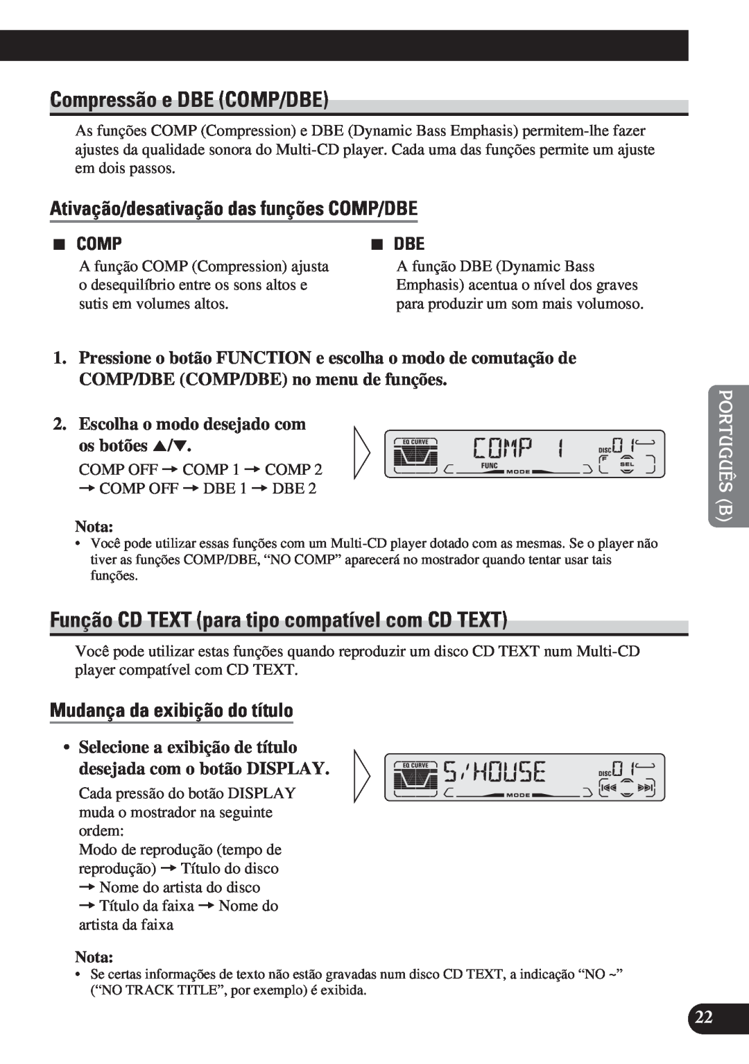 Pioneer DEH-P3150 operation manual Compressão e DBE COMP/DBE, Função CD TEXT para tipo compatível com CD TEXT, 2299, 7 DBE 