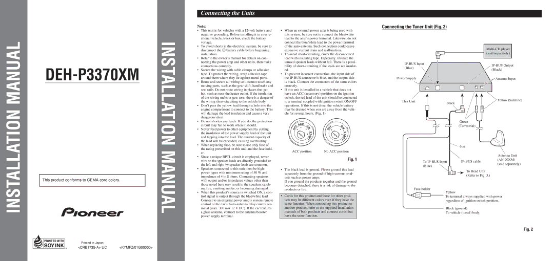 Pioneer DEH-P3370XM installation manual Connecting the Tuner Unit Fig 