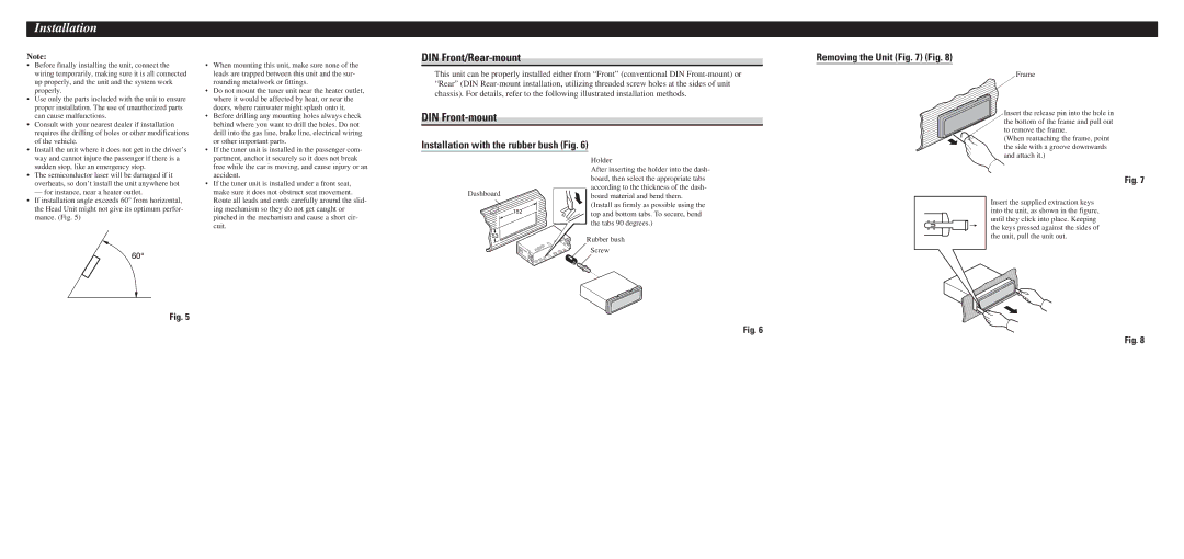 Pioneer DEH-P3370XM installation manual DIN Front/Rear-mount, DIN Front-mount, Installation with the rubber bush Fig 