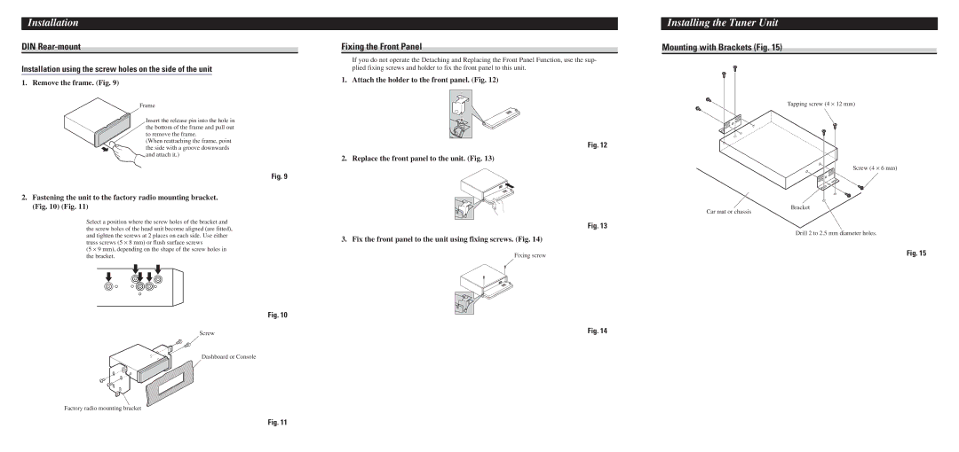 Pioneer DEH-P3370XM installation manual DIN Rear-mount Fixing the Front Panel, Mounting with Brackets Fig, Frame 