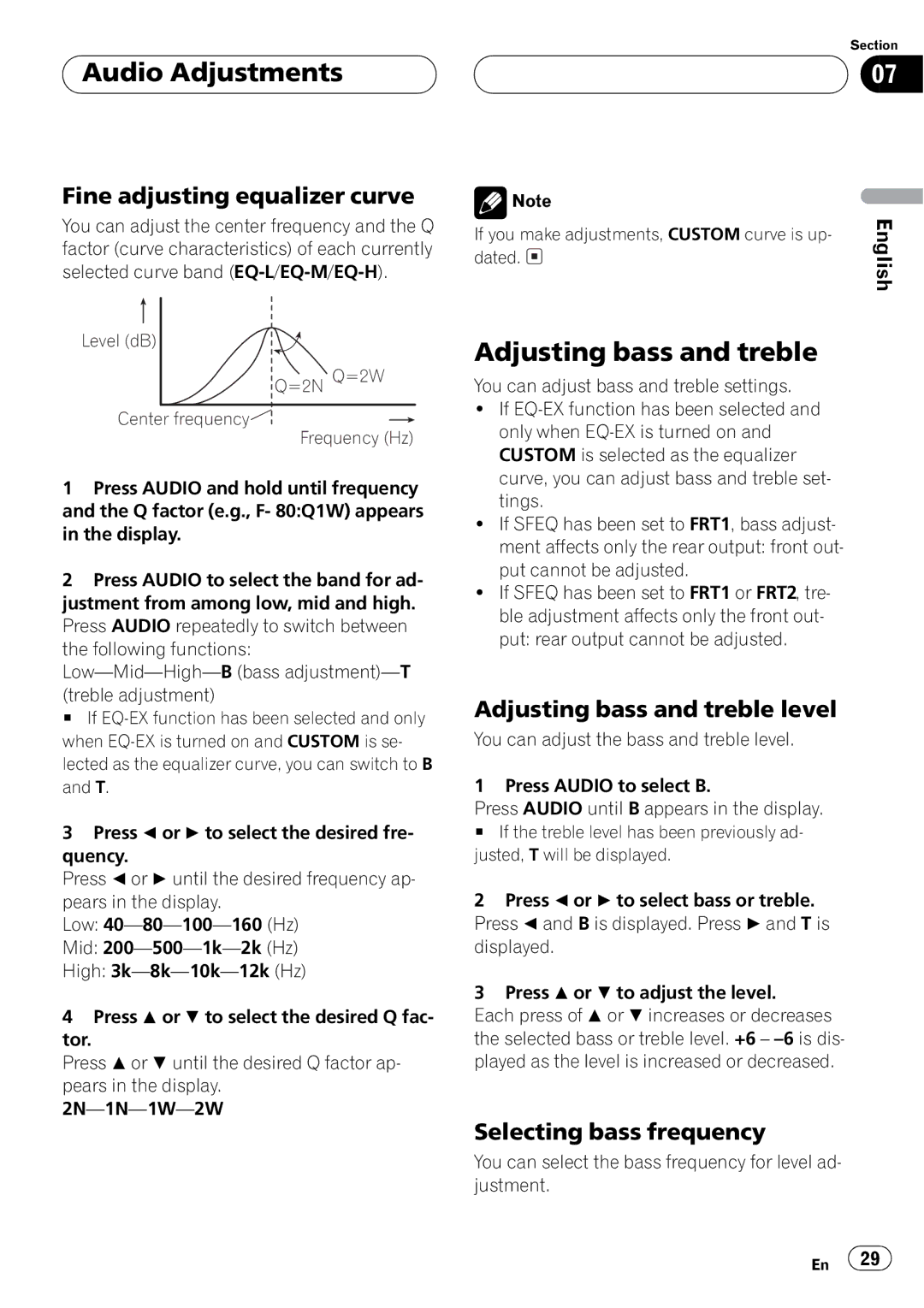 Pioneer DEH-P350 operation manual Level dB =2N Q=2W Center frequency Frequency Hz 