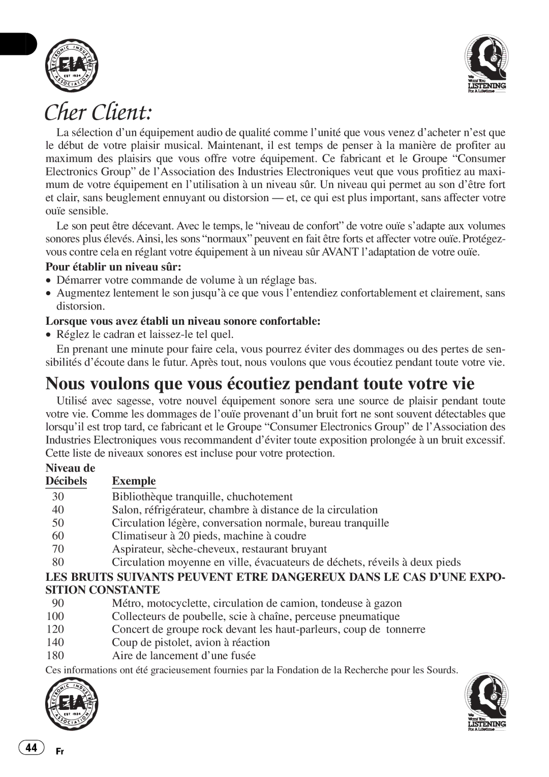 Pioneer DEH-P350 operation manual Nous voulons que vous écoutiez pendant toute votre vie 