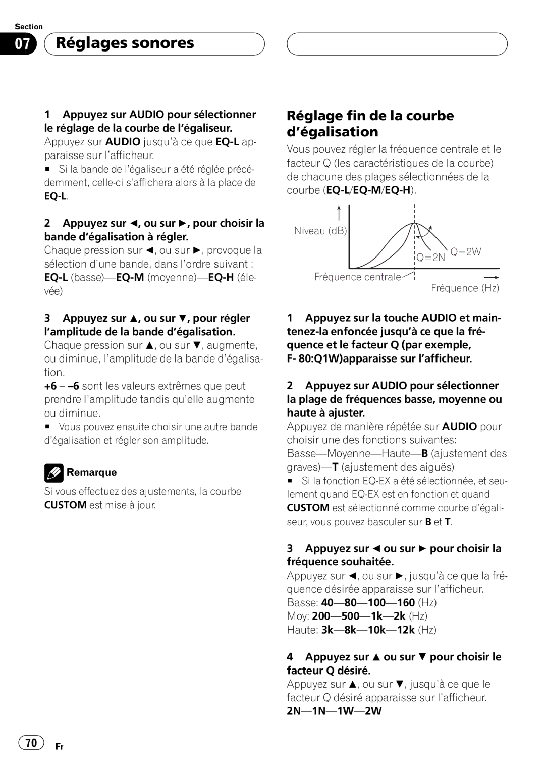 Pioneer DEH-P350 operation manual Niveau dB =2N Q=2W Fréquence centrale Fréquence Hz 