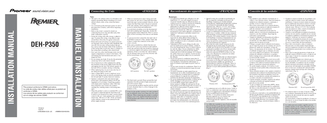 Pioneer DEH-P350 installation manual Connecting the Units, English, Raccordements des appareils, Conexión de las unidades 