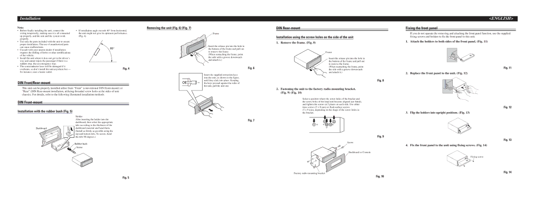 Pioneer DEH-P350 Installation, DIN Rear-mount Fixing the front panel, DIN Front/Rear-mount, DIN Front-mount 