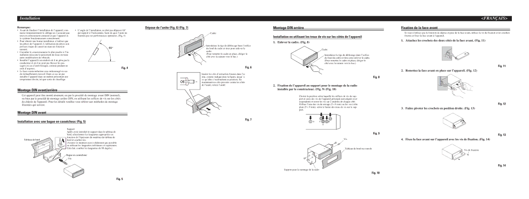 Pioneer DEH-P350 installation manual Montage DIN arrière, Fixation de la face avant, Montage DIN avant/arrière 