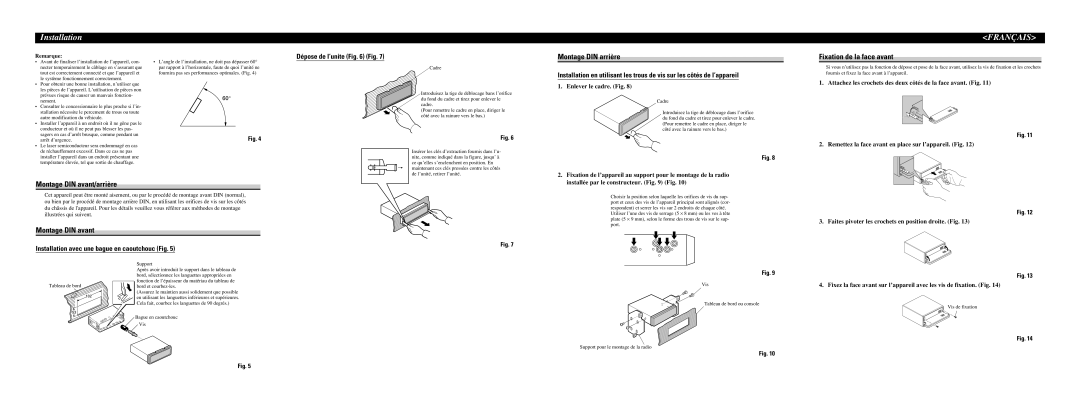 Pioneer DEH-P360 installation manual Montage DIN arrière, Fixation de la face avant, Montage DIN avant/arrière 