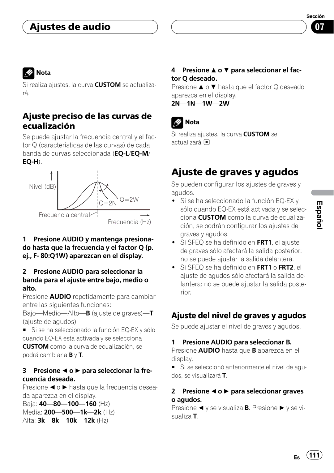 Pioneer DEH-P360 operation manual Nivel dB =2N Q=2W Frecuencia central Frecuencia Hz 