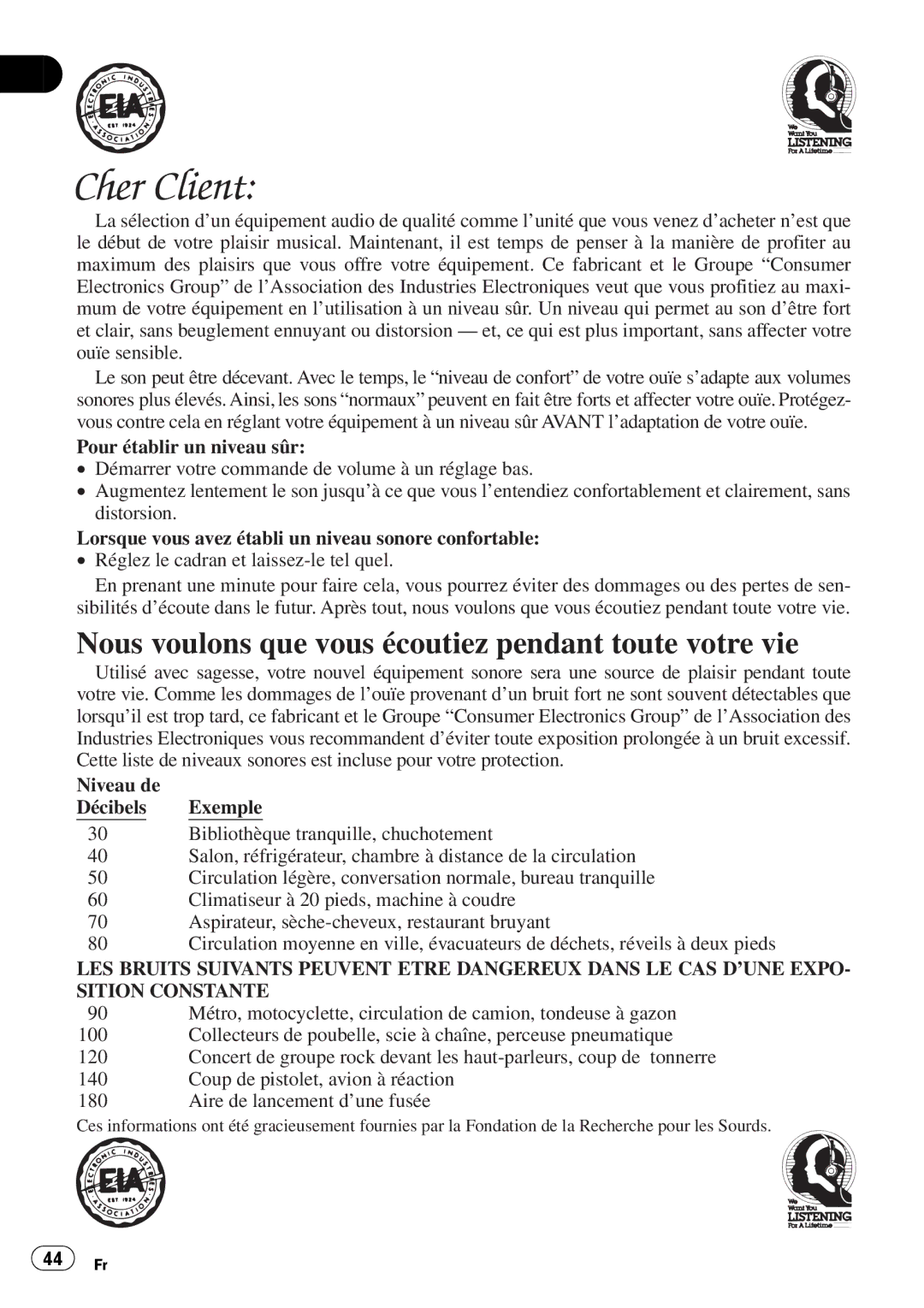 Pioneer DEH-P360 operation manual Nous voulons que vous écoutiez pendant toute votre vie 