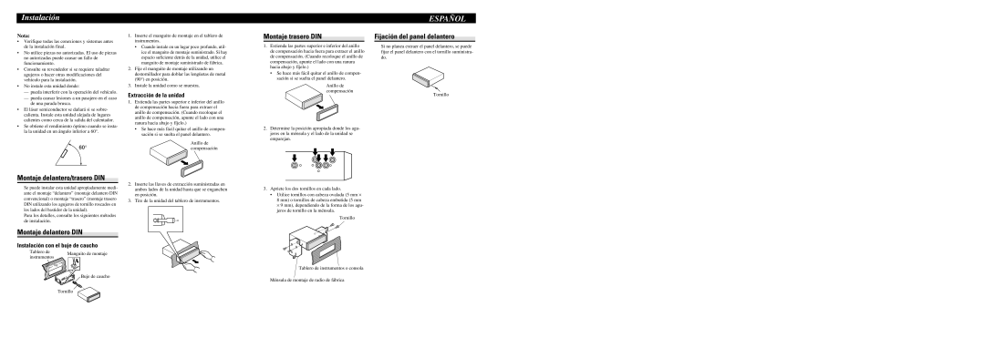 Pioneer DEH-P390MP Montaje trasero DIN, Fijación del panel delantero, Montaje delantero/trasero DIN, Montaje delantero DIN 