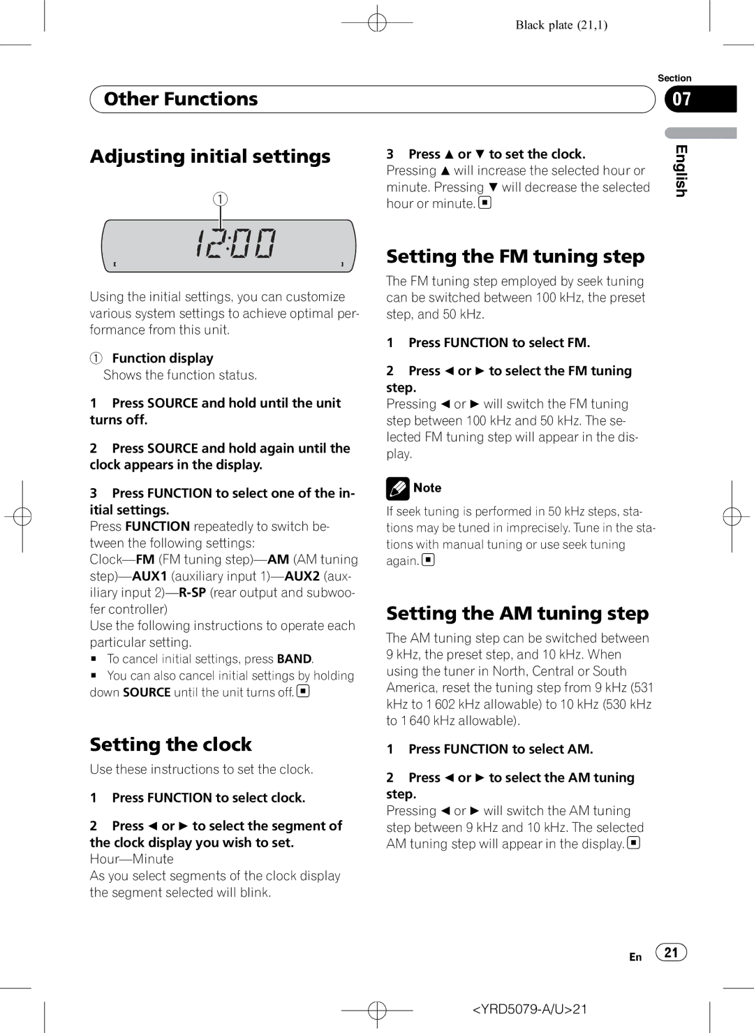 Pioneer DEH-P3950MP Other Functions Adjusting initial settings, Setting the clock, Setting the FM tuning step 