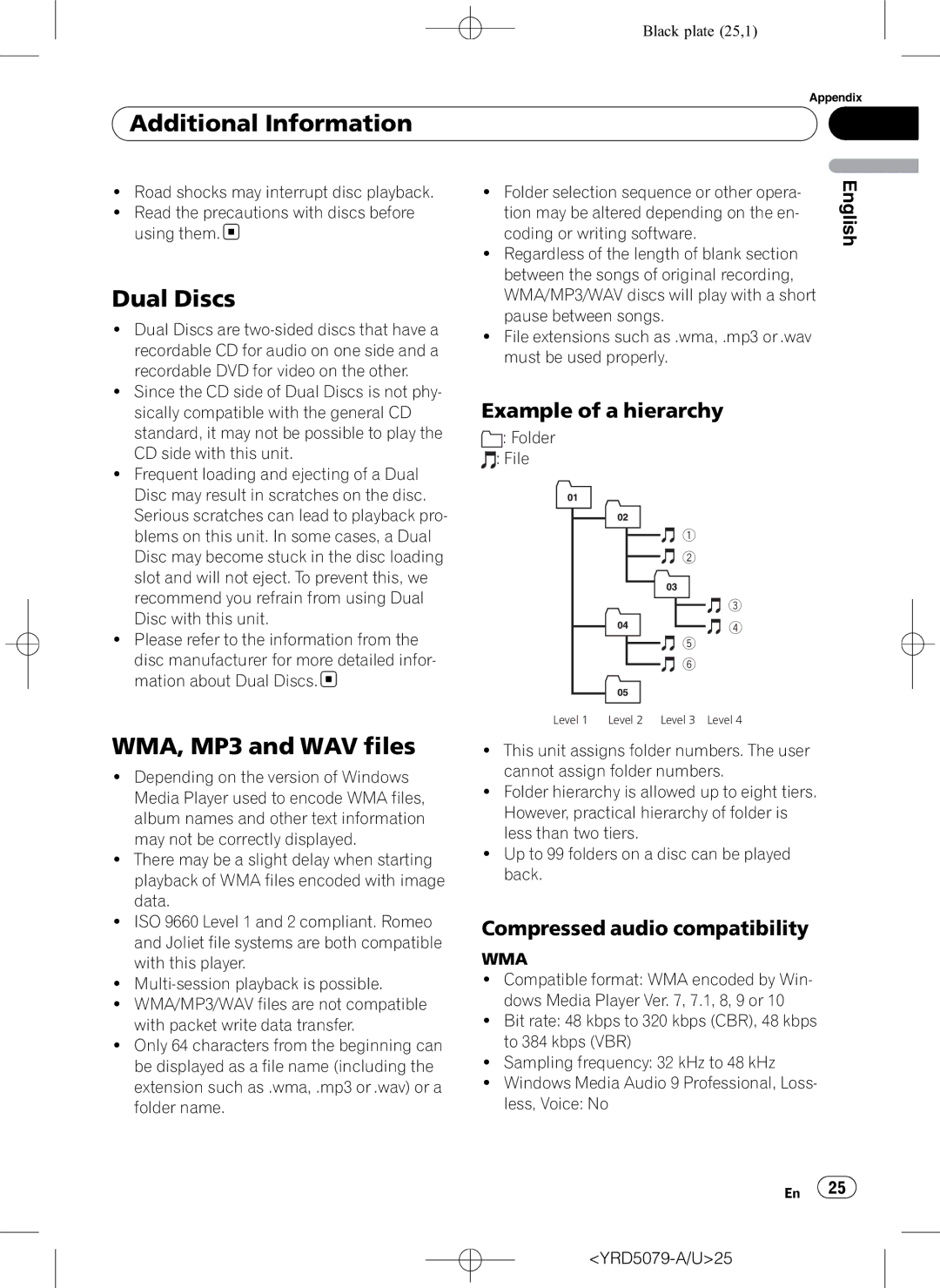 Pioneer DEH-P3950MP operation manual Additional Information, Dual Discs, WMA, MP3 and WAV files, Example of a hierarchy 