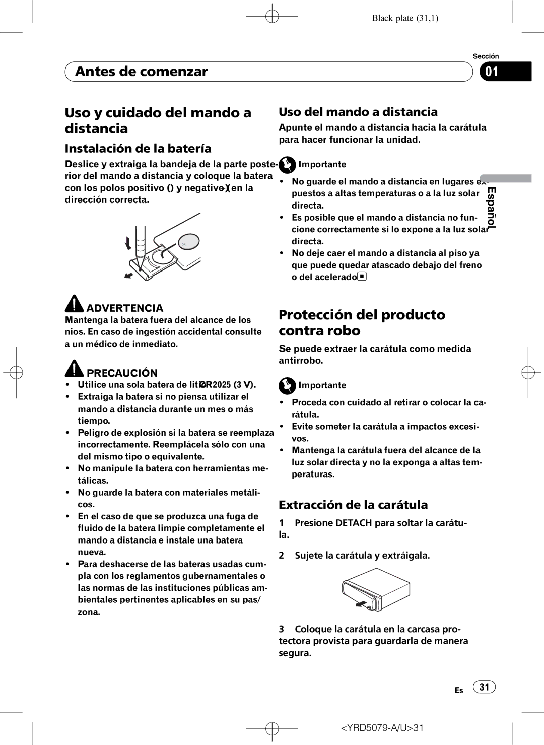 Pioneer DEH-P3950MP Antes de comenzar Uso y cuidado del mando a, Distancia, Protección del producto contra robo 