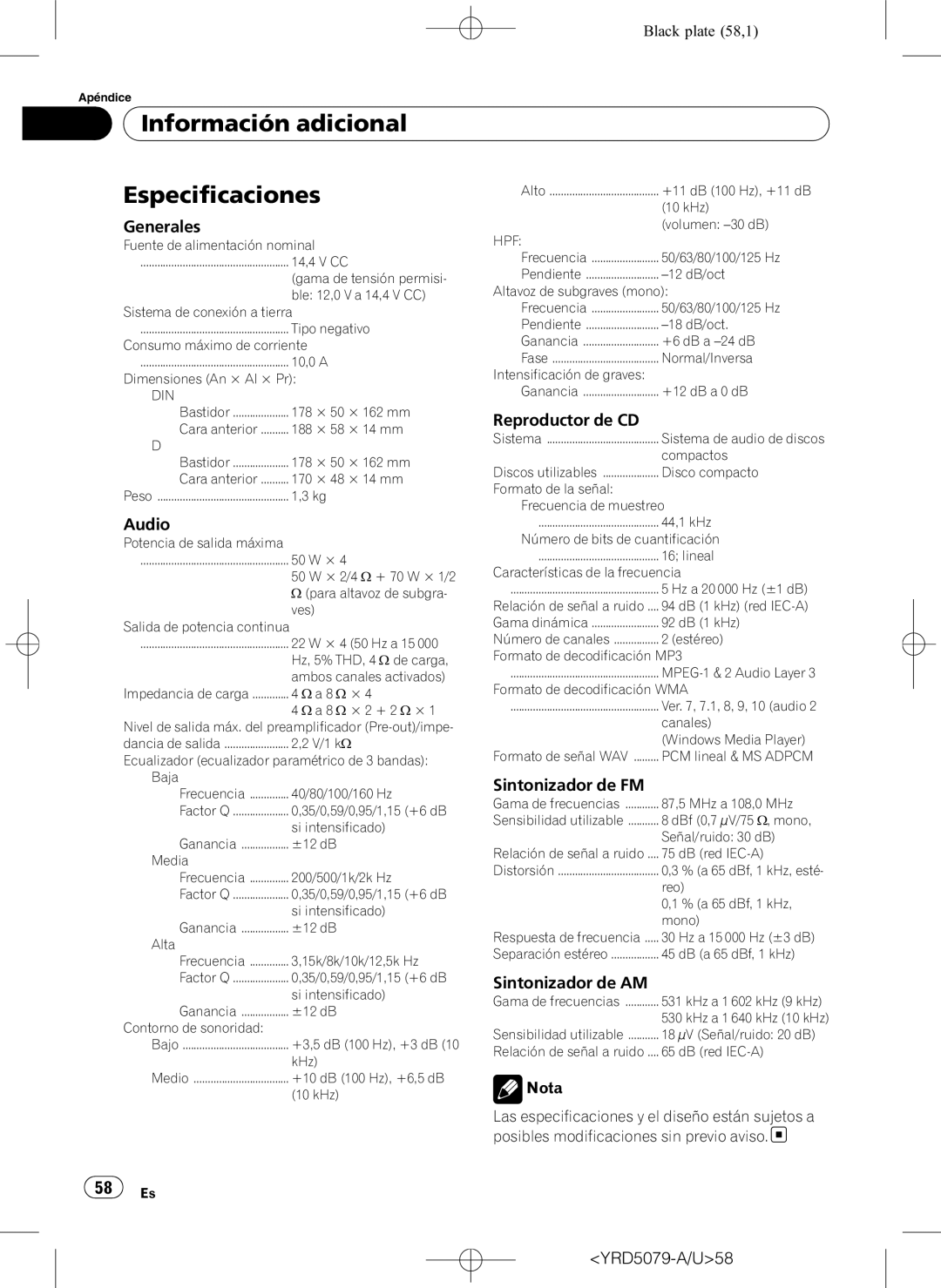 Pioneer DEH-P3950MP operation manual Información adicional Especificaciones 